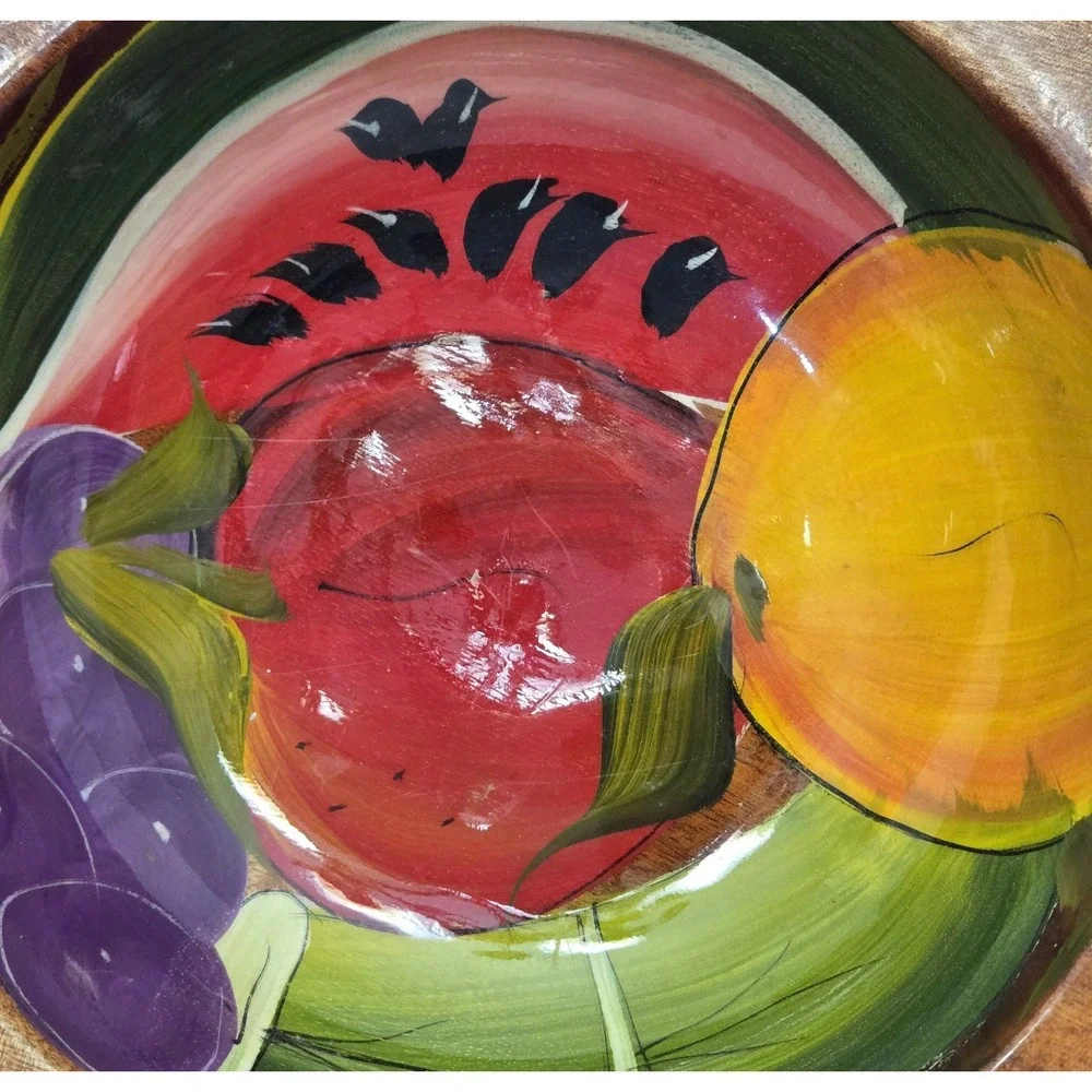 Vtg Hand Painted Mexican Wood Bowl Vibrant Fruit Folk Art Olinala Style Signed